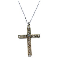 Halskette mit viktorianischem Kreuz-Anhänger aus Weißgold mit 0,25 Karat Diamant im Rosenschliff
