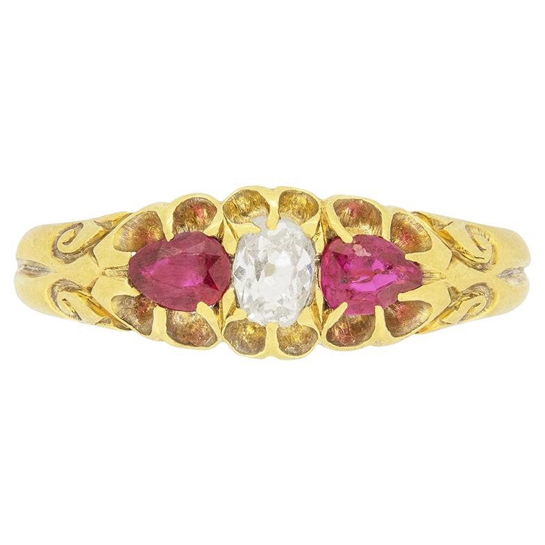 Victorian 0.30ct Diamond and Ruby Three Stone Ring, C.1880s For Sale