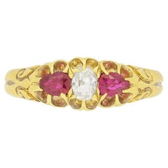 Antique Victorian 0.30ct Diamond and Ruby Three Stone Ring, C.1880s