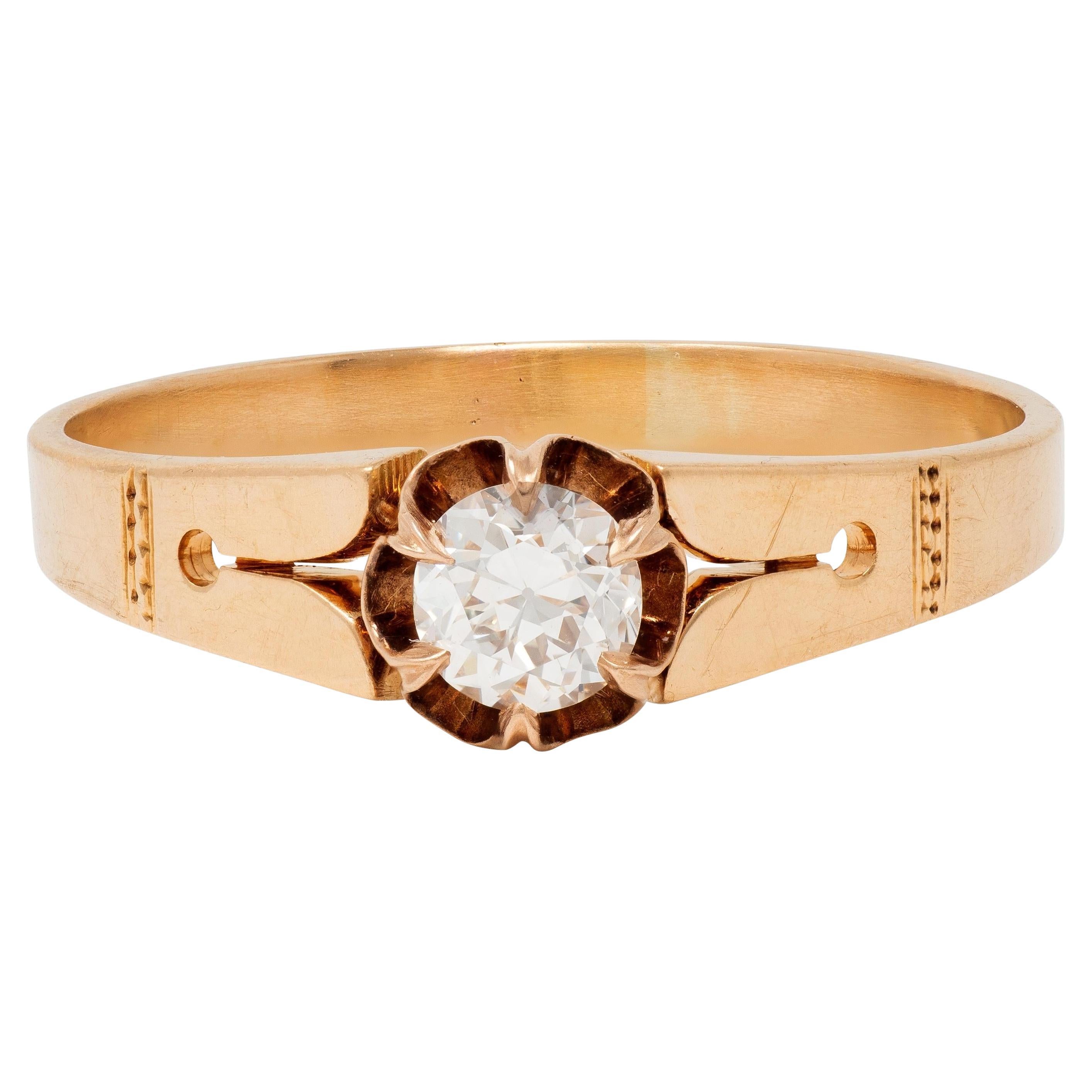 Victorian 0.32 Old Mine Cut Diamond 14K Gold Antique Belcher Engagement Ring