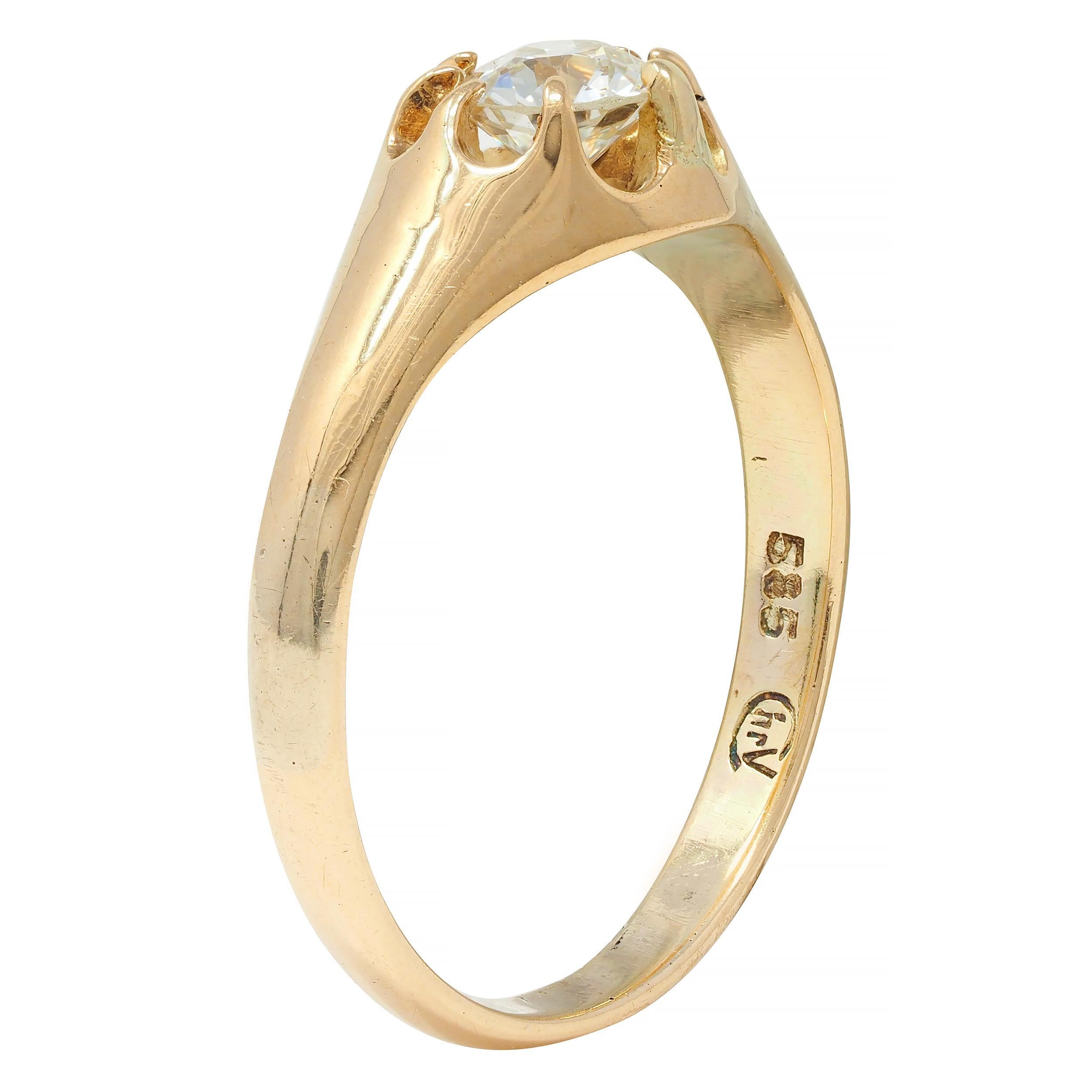 Victorian 0.35 CTW Old European Cut Diamond 14K Gold Belcher Set Engagement Ring For Sale 7