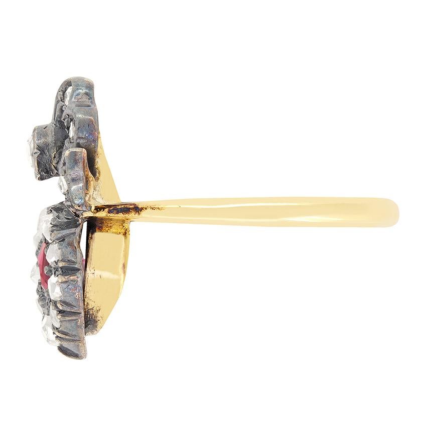 Victorien Bague victorienne à double cœur en saphir et rubis 0,35 carat, années 1880 en vente