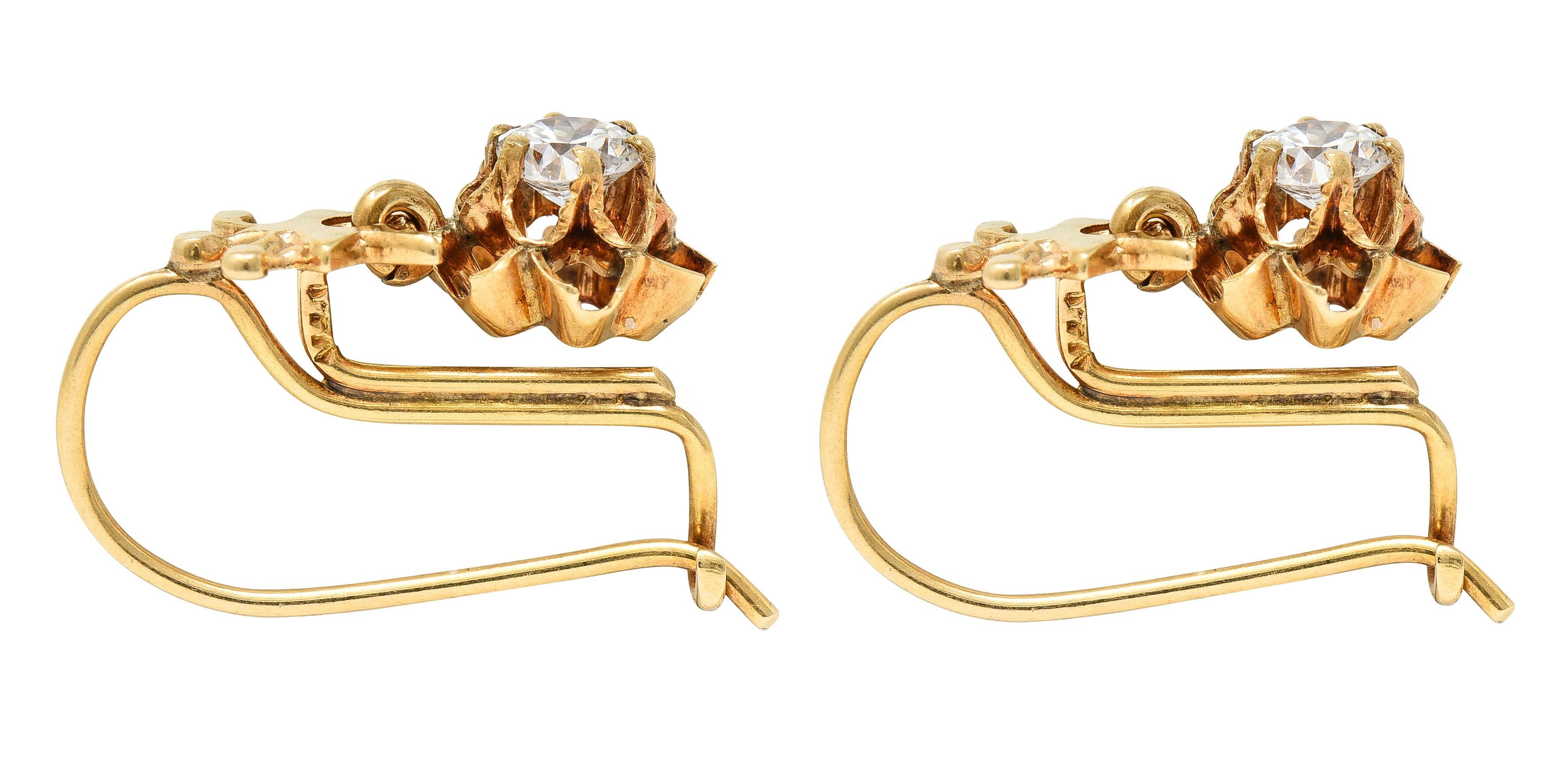 Women's or Men's Victorian 0.40 CTW Diamond 14 Karat Yellow Gold Antique Belcher Set Drop Earring