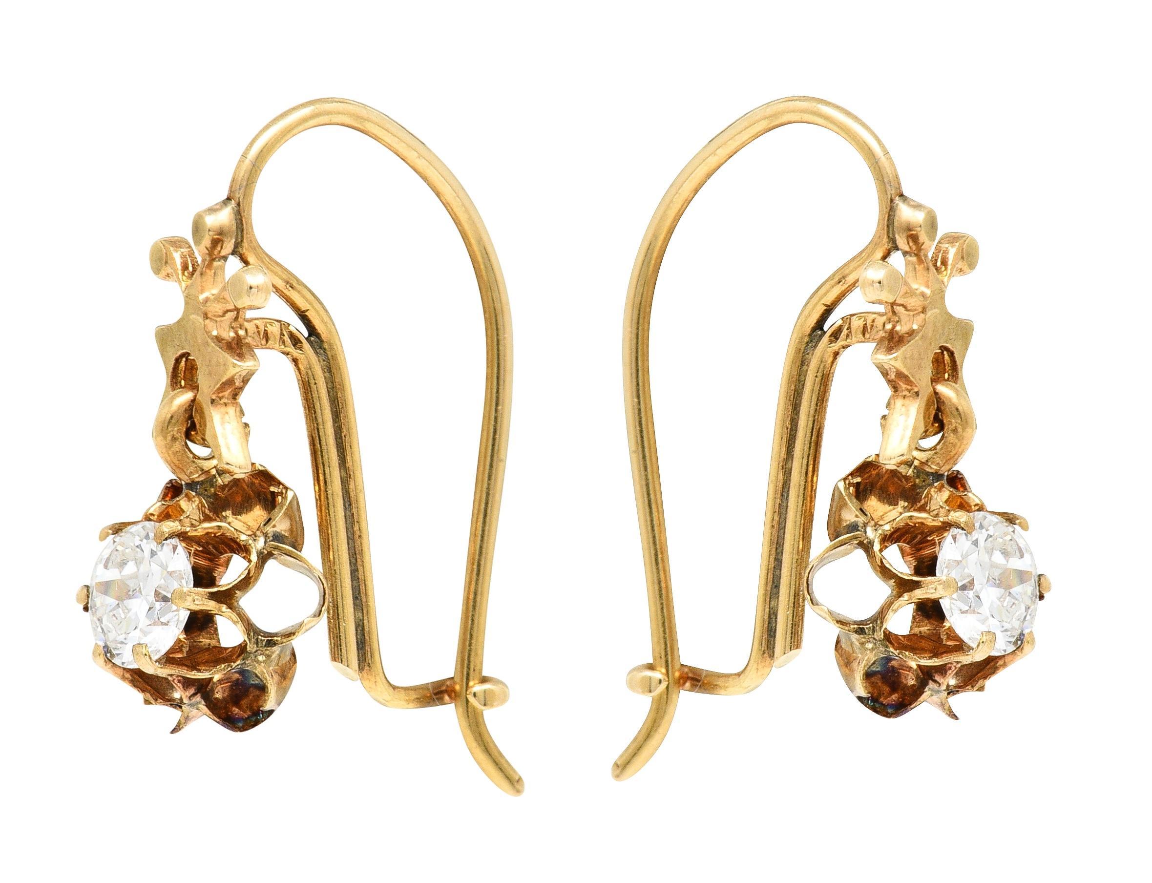Victorian 0.40 CTW Diamond 14 Karat Yellow Gold Antique Belcher Set Drop Earring 1
