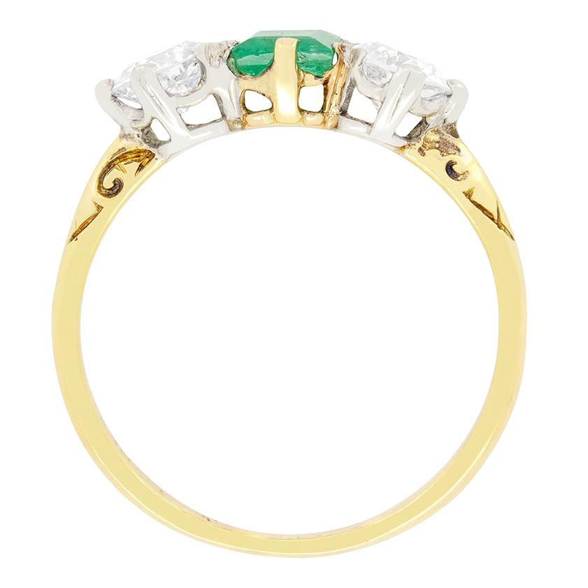 Emerald Cut Victorian 0.40 Emerald and Diamond Three Stone Ring, c.1900s For Sale