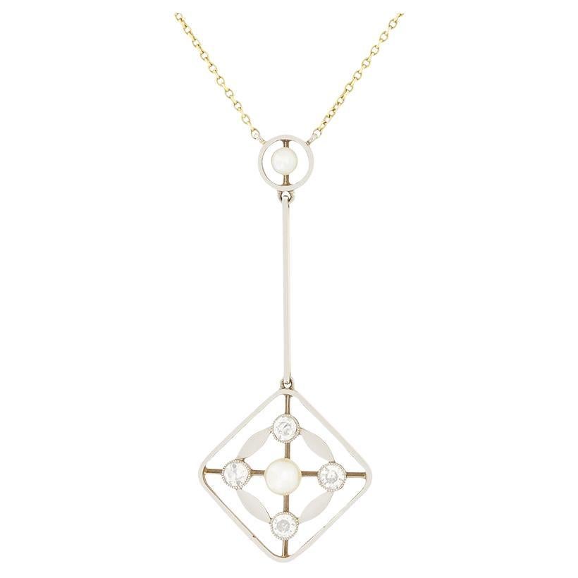 Victorian 0.40ct Diamond and Pearl Drop Necklace, c.1900s For Sale