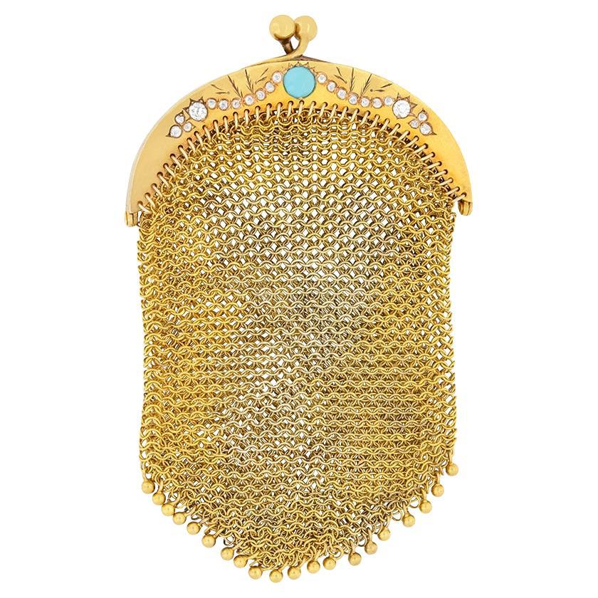 Viktorianische Geldbörse mit 0,40 Karat Diamanten und Türkis, ca. 1880er Jahre