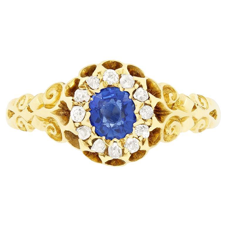 Anello vittoriano con zaffiro e diamanti da 0,40 carati, 1880 ca.
