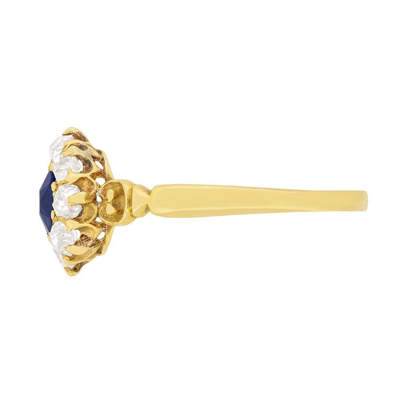 Old Mine Cut Victorian 0.40ct Sapphire and Diamond Halo Ring, c.1900s For Sale