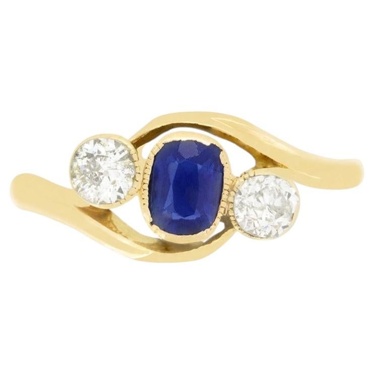 Victorian 0.40ct Sapphire and Diamond Three Stone Twist Ring, c.1880s
