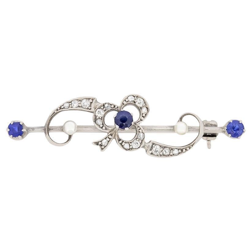 Victorian 0.40ct Sapphire, Diamond and Pearl Clover Brooch, c.1900s