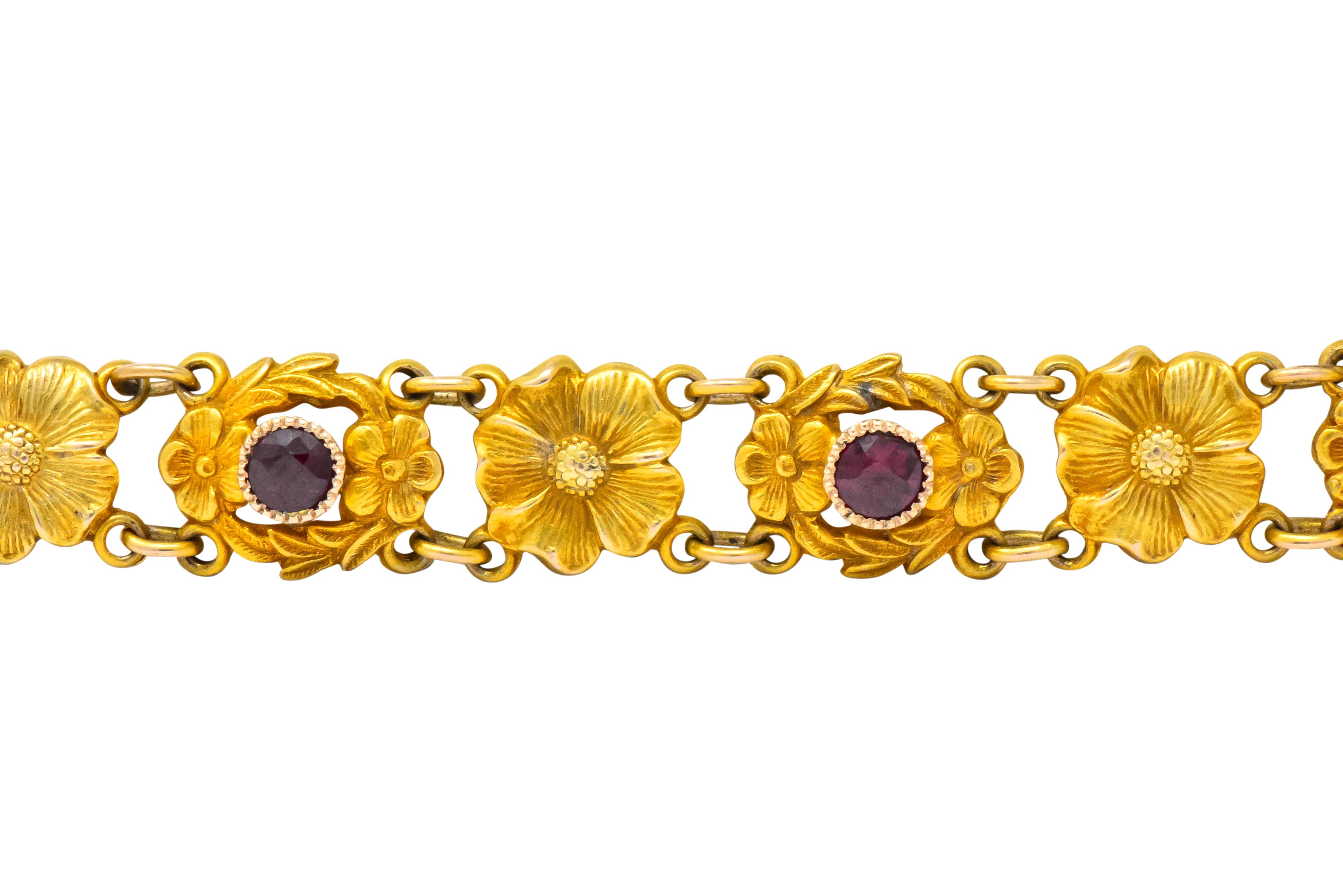 Round Cut Victorian 0.45 Carat Ruby 14 Karat Gold Flower Link Bracelet