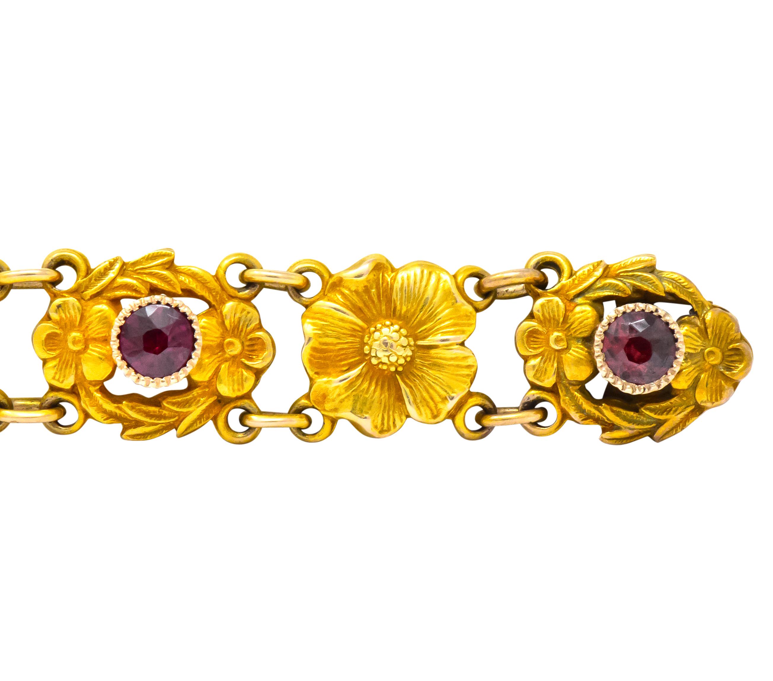 Victorian 0.45 Carat Ruby 14 Karat Gold Flower Link Bracelet 1