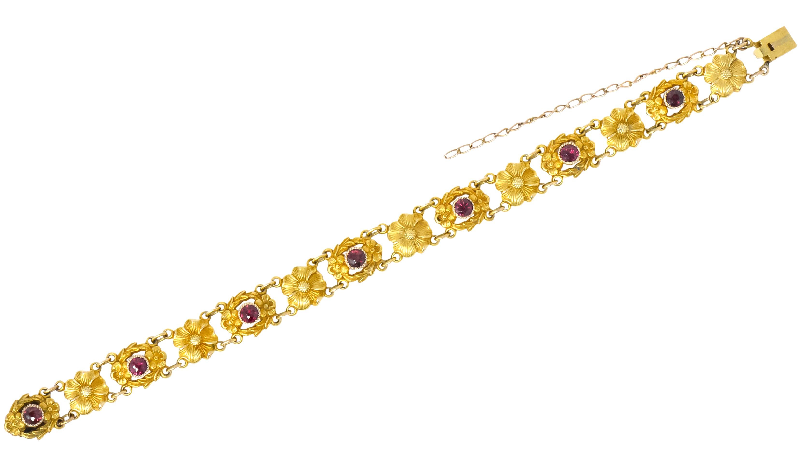 Victorian 0.45 Carat Ruby 14 Karat Gold Flower Link Bracelet 2
