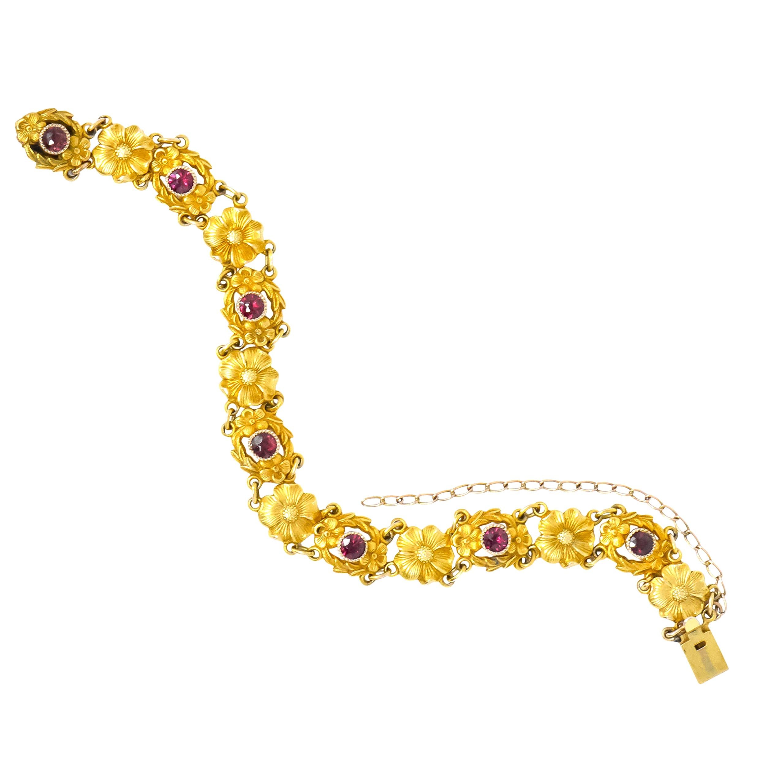 Victorian 0.45 Carat Ruby 14 Karat Gold Flower Link Bracelet