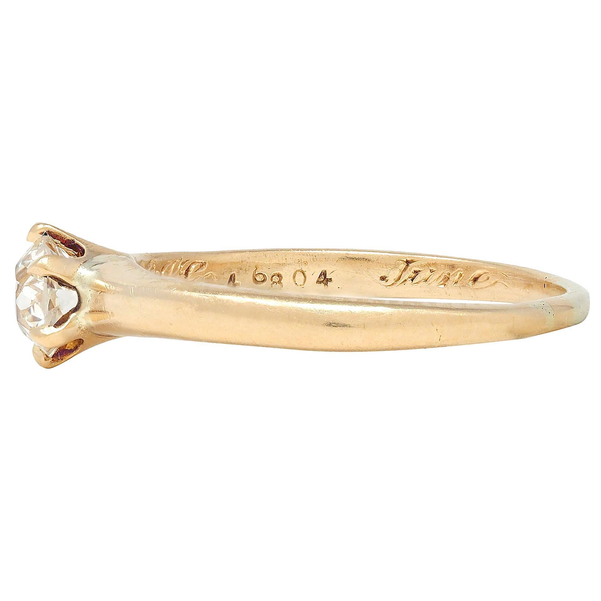 Anello di fidanzamento antico solitario in oro 14K Victorian 0.45 CTW Old Mine Cut In condizioni ottime in vendita a Philadelphia, PA