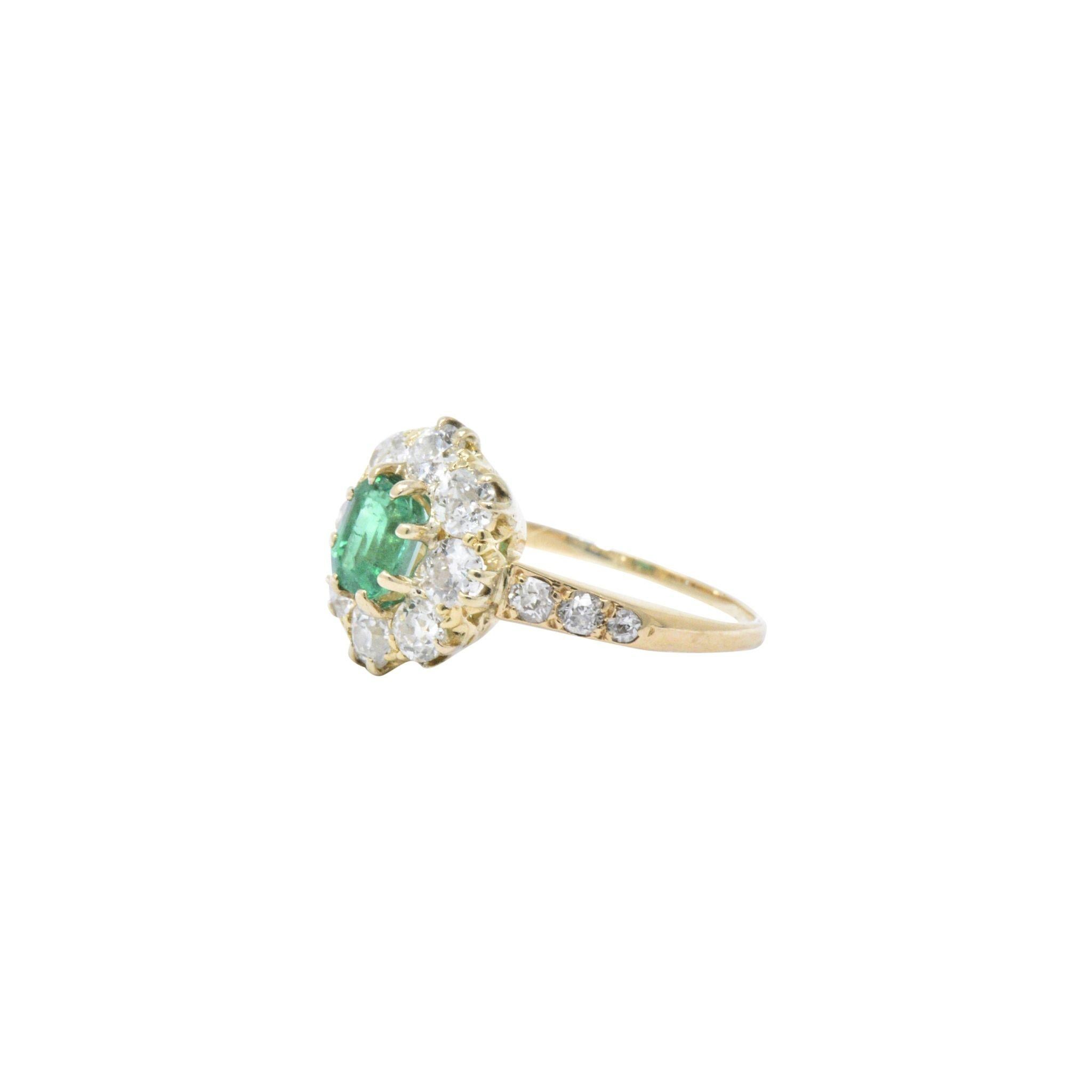 Victorian 1.45 Carats Emerald Diamond 14 Karat Gold Cluster Ring 1