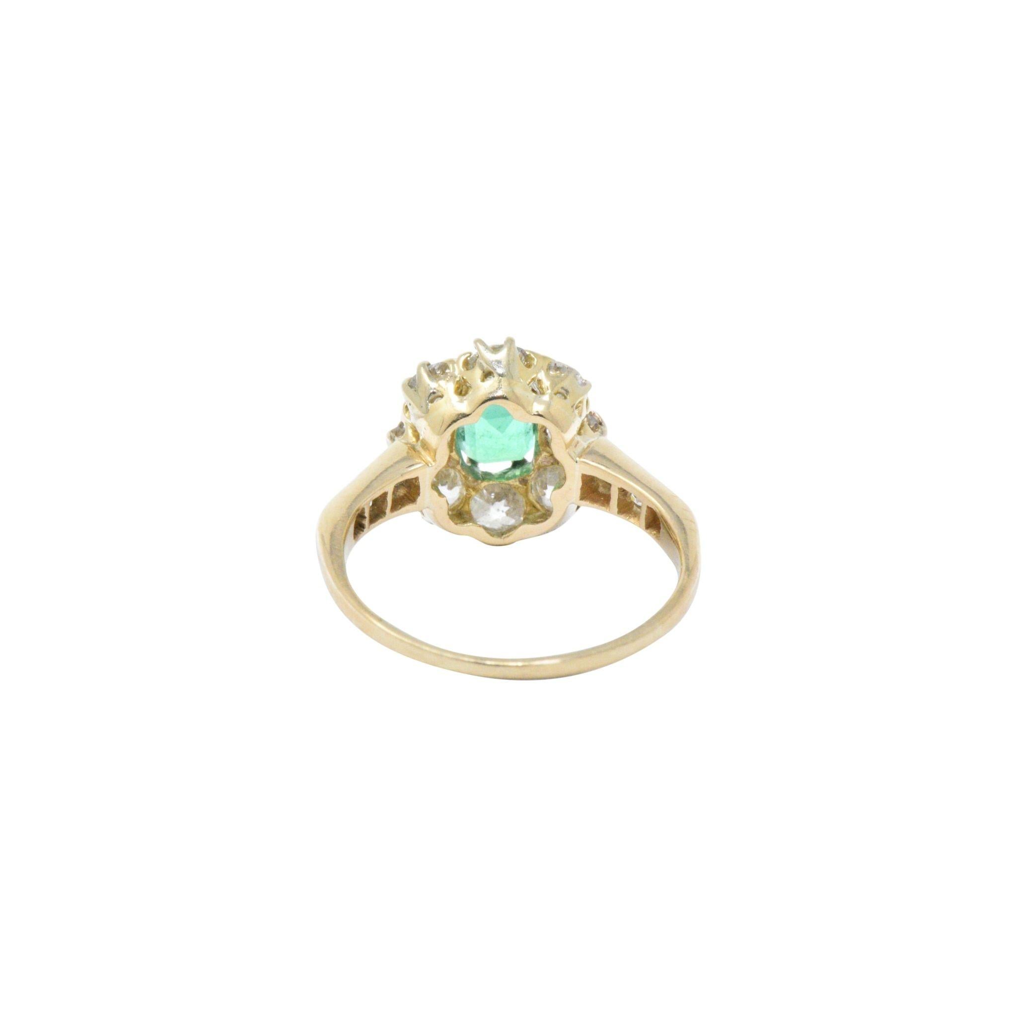 Victorian 1.45 Carats Emerald Diamond 14 Karat Gold Cluster Ring 3