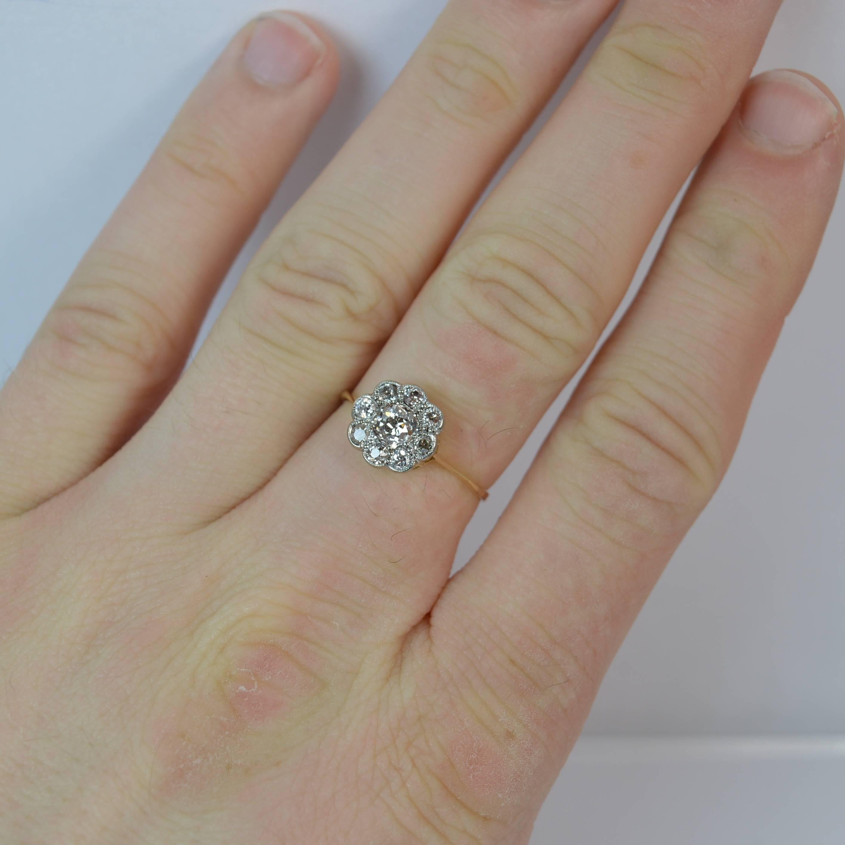 

A true antique ring modelled in 18 carat yellow gold.

​Solid 18ct gold ring set with a deep old cut diamond to the centre and a further eight diamonds surrounding in platinum collet settings.

​9.2mm x 9.5mm cluster head, protruding 4.5mm off the