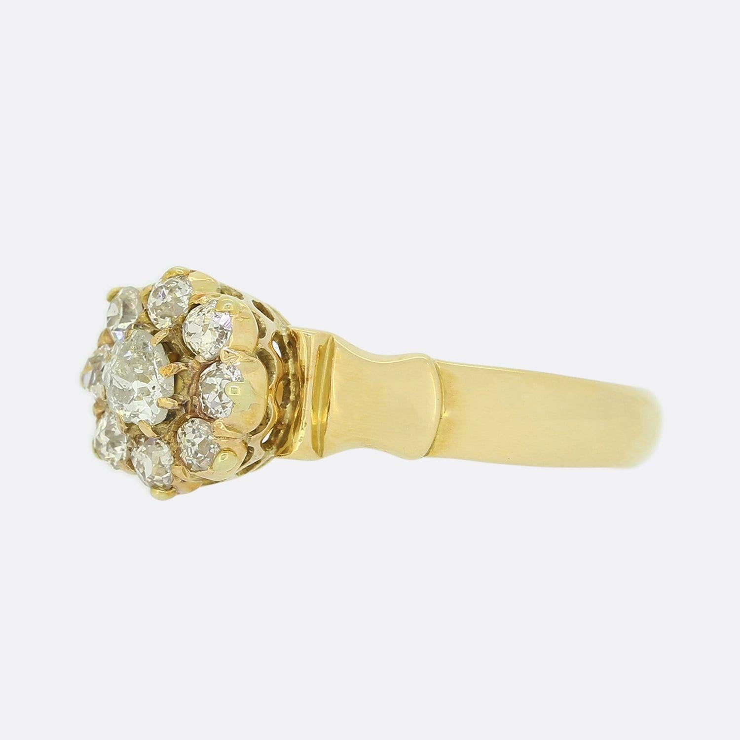 This is a victorian 18ct yellow gold diamond daisy cluster ring. The ring plays host to a central old cut diamond that is surrounded by a cluster of eight smaller old cut diamonds. 

Condition: Used (Very Good)
Weight: 3.5 grams
Size: O
Face