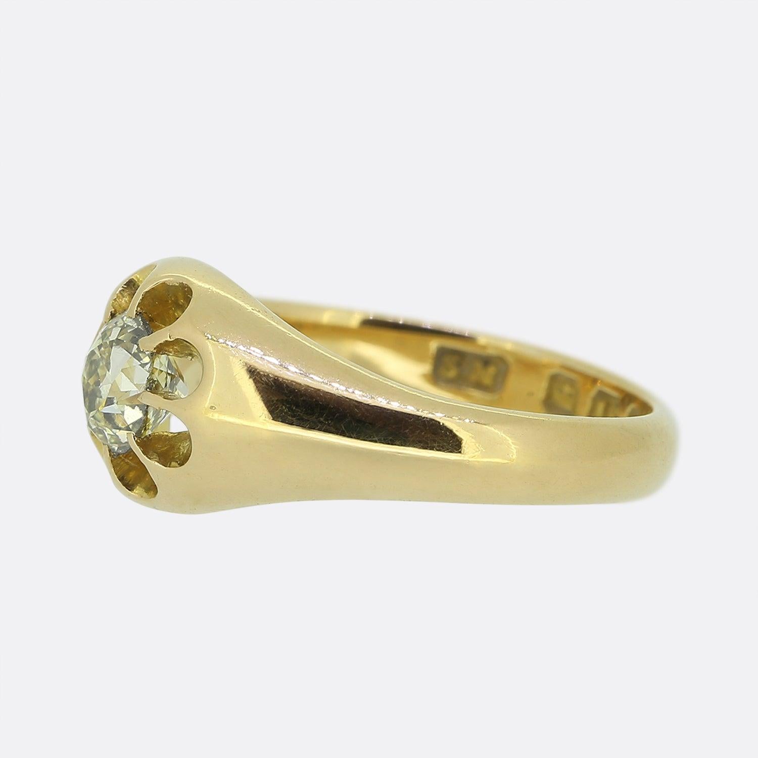 Here we have a stylish diamond gypsy ring dating back to the Victorian era. This elegant piece has been crafted from 18ct yellow gold and showcases a centralised round faceted old cut diamond which sits slightly risen in an 8 clawed setting atop
