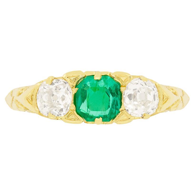 Victorian 0.50ct Emerald and Diamond Three Stone Ring, c.1880s
