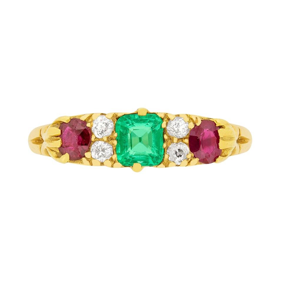 Victorian 0.50ct Emerald, Ruby and Diamond Ring, c.1880s