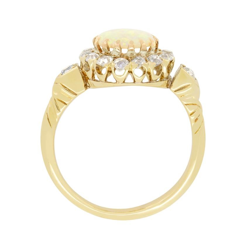 Cabochon Victorian 0.50ct Opal and Diamond Cluster Ring, c.1880s For Sale