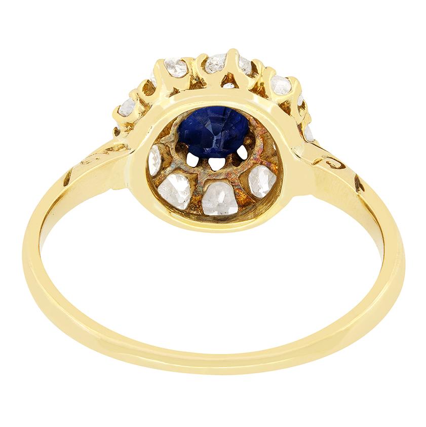 Victorian 0.50ct Sapphire and Diamond Halo Ring, c.1880s In Good Condition For Sale In London, GB