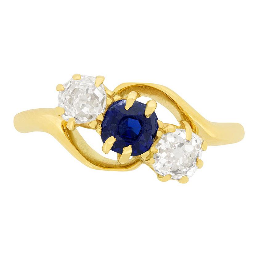 Victorian 0.50ct Sapphire and Diamond Three Stone Ring, c.1880s