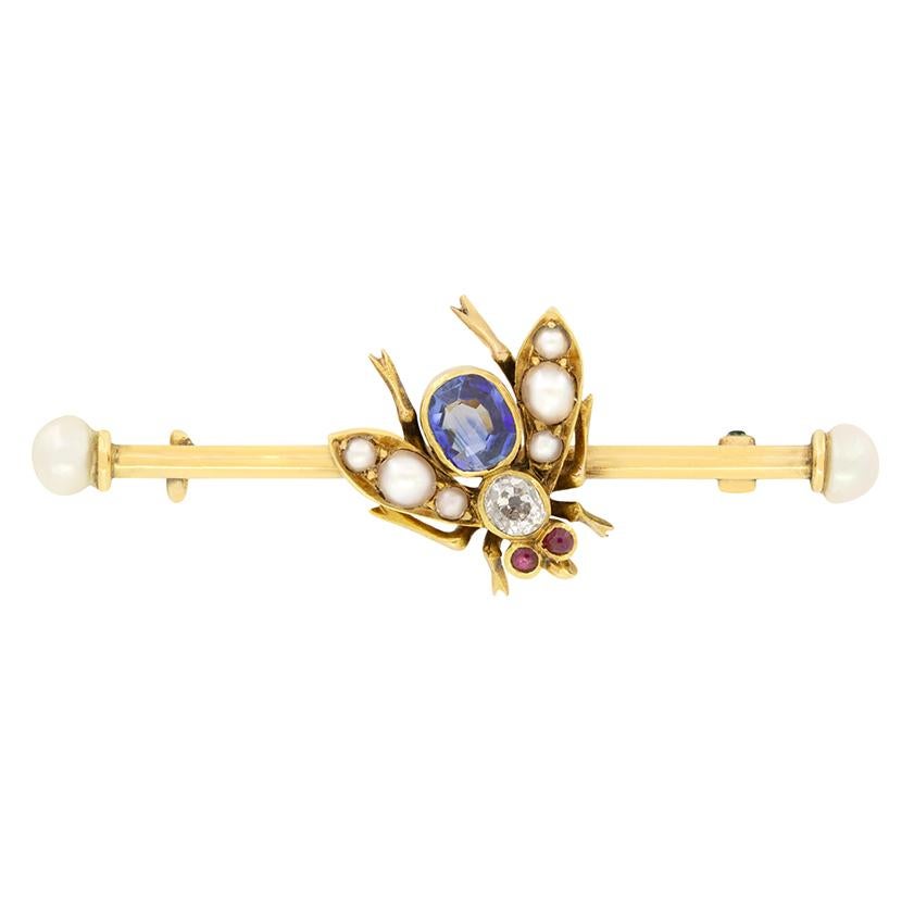 Vittoriano Spilla vittoriana con zaffiro, diamante e perla da 0,50 carati, 1880 ca. in vendita