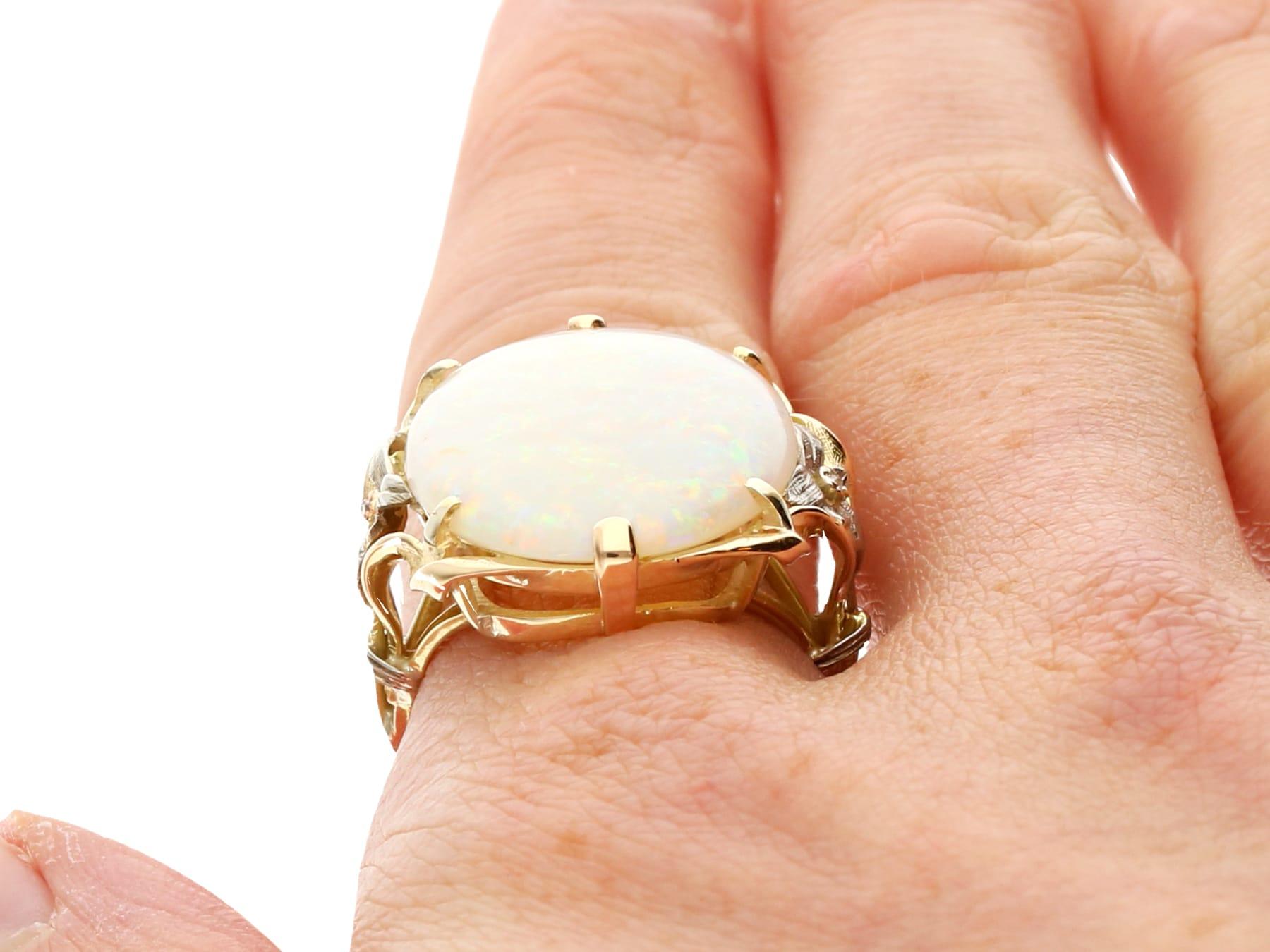 Antique 8.61 Carat White Opal and 0.04 Carat Diamond 15K Yellow Gold Dress Ring For Sale 6