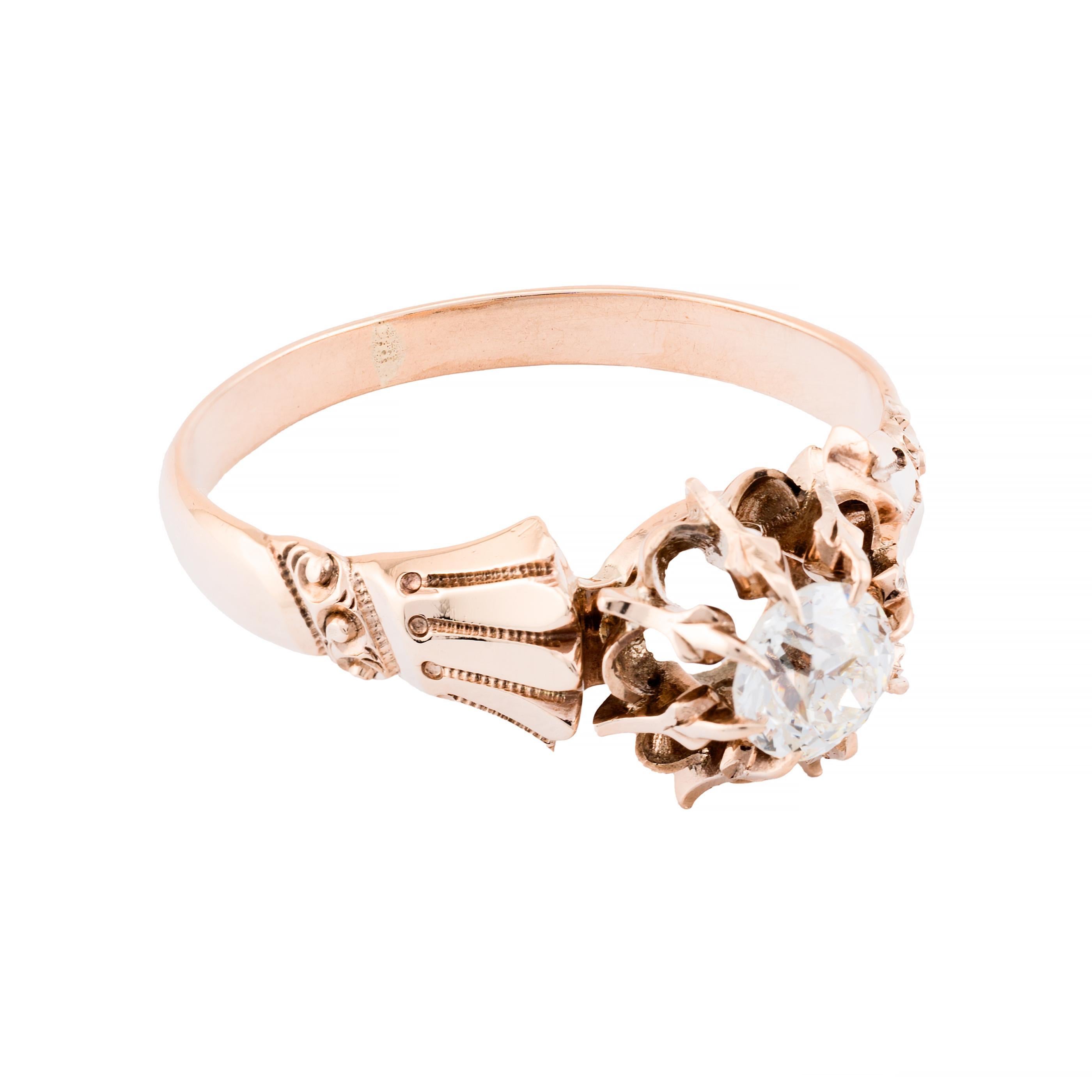 Victorian 0.51ct Old Mine Cut Diamond Buttercup Engagement Ring in 14 Karat Gold In Excellent Condition For Sale In Boston, MA