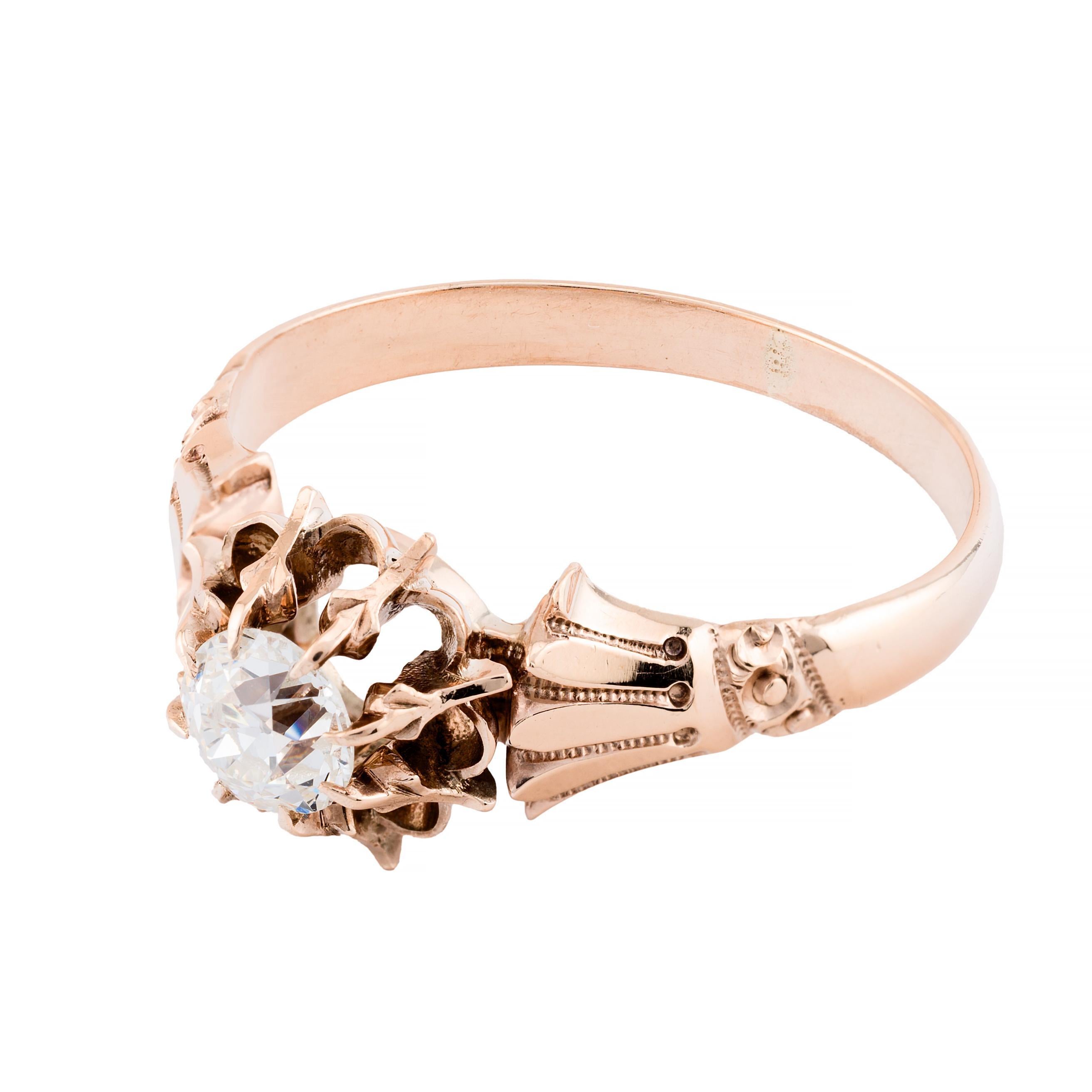 Women's Victorian 0.51ct Old Mine Cut Diamond Buttercup Engagement Ring in 14 Karat Gold For Sale