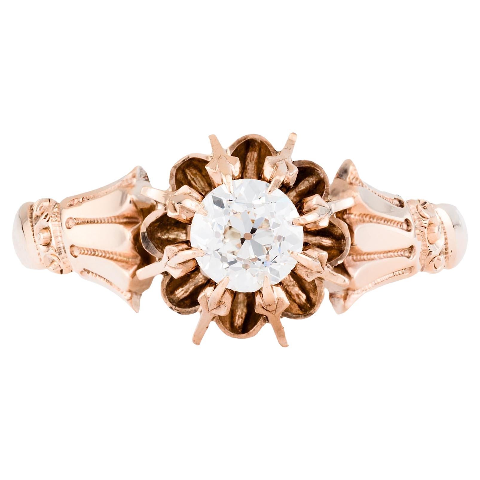 Victorian 0.51ct Old Mine Cut Diamond Buttercup Engagement Ring in 14 Karat Gold