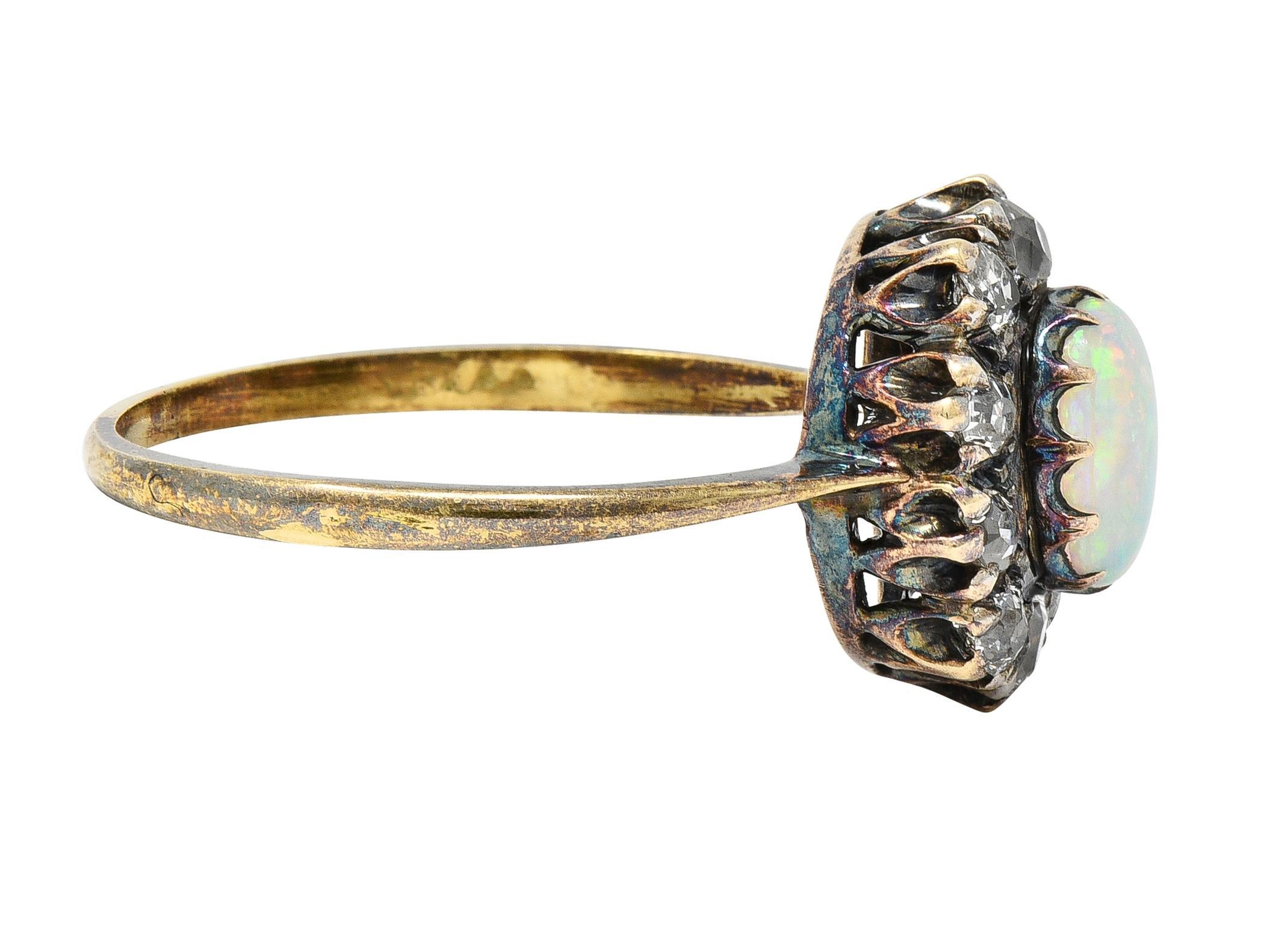 Old Mine Cut Victorian 0.52 CTW Opal Diamond Silver 14 Karat Gold Antique Halo Ring