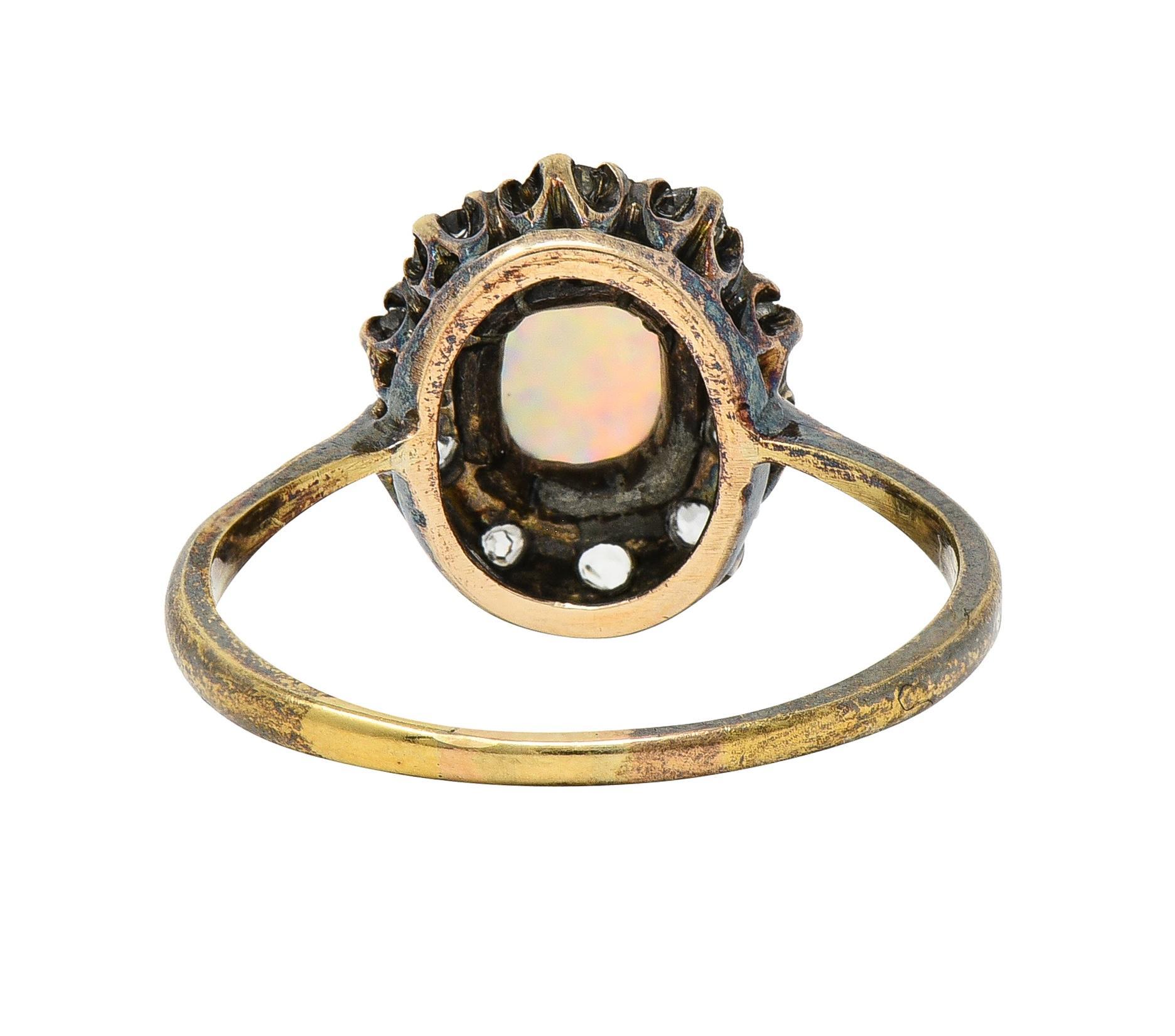 Victorian 0.52 CTW Opal Diamond Silver 14 Karat Gold Antique Halo Ring In Excellent Condition In Philadelphia, PA