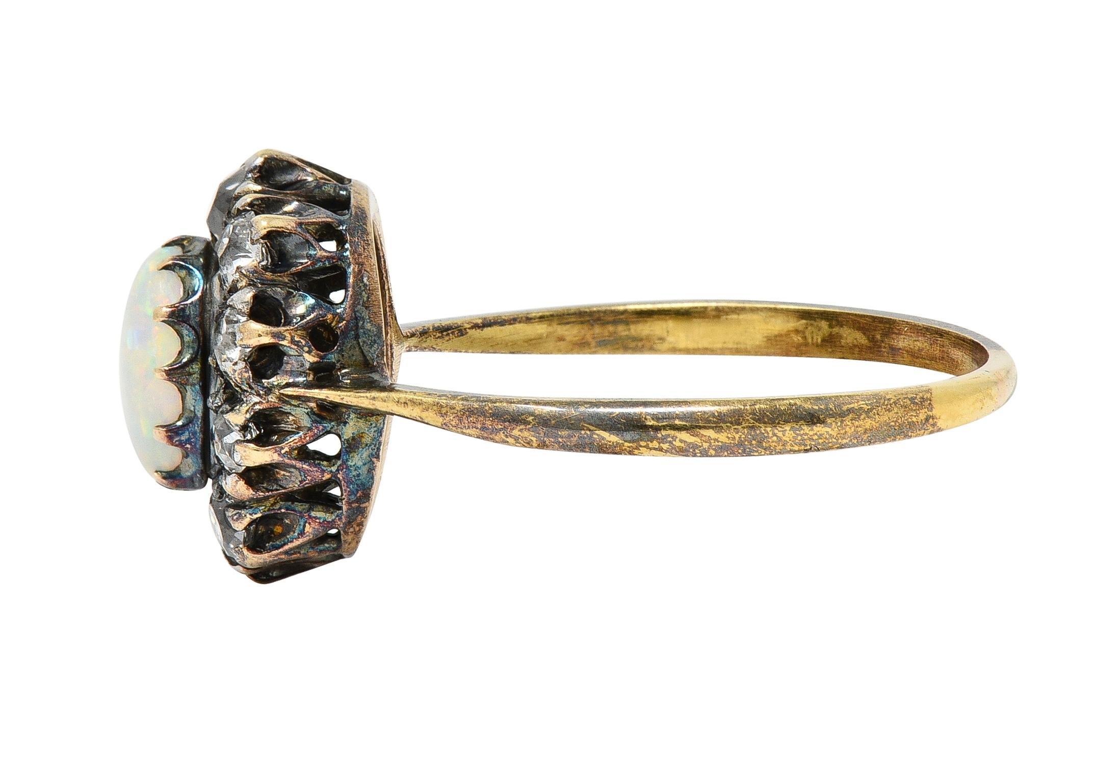 Women's or Men's Victorian 0.52 CTW Opal Diamond Silver 14 Karat Gold Antique Halo Ring