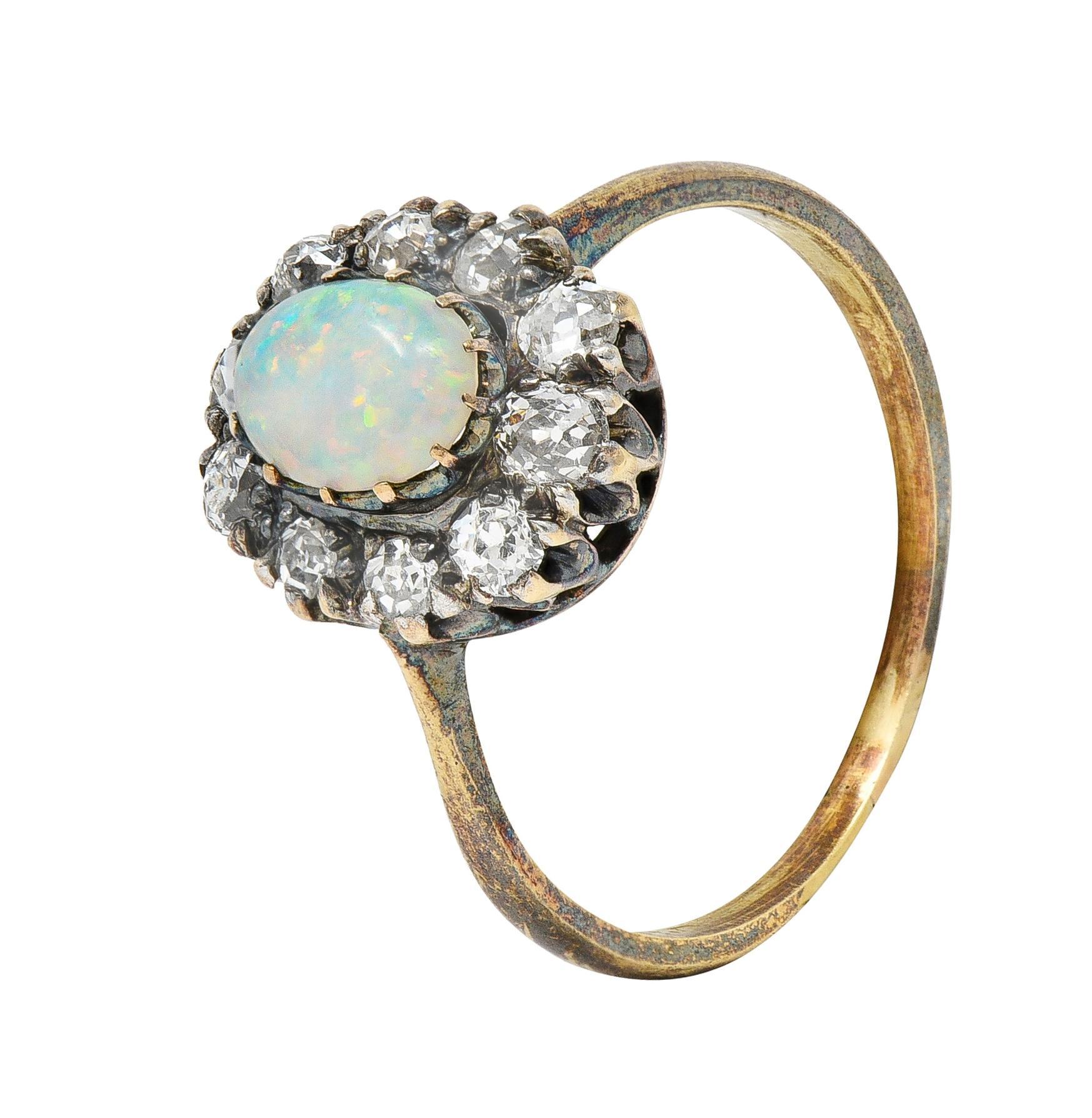 Victorian 0.52 CTW Opal Diamond Silver 14 Karat Gold Antique Halo Ring 2