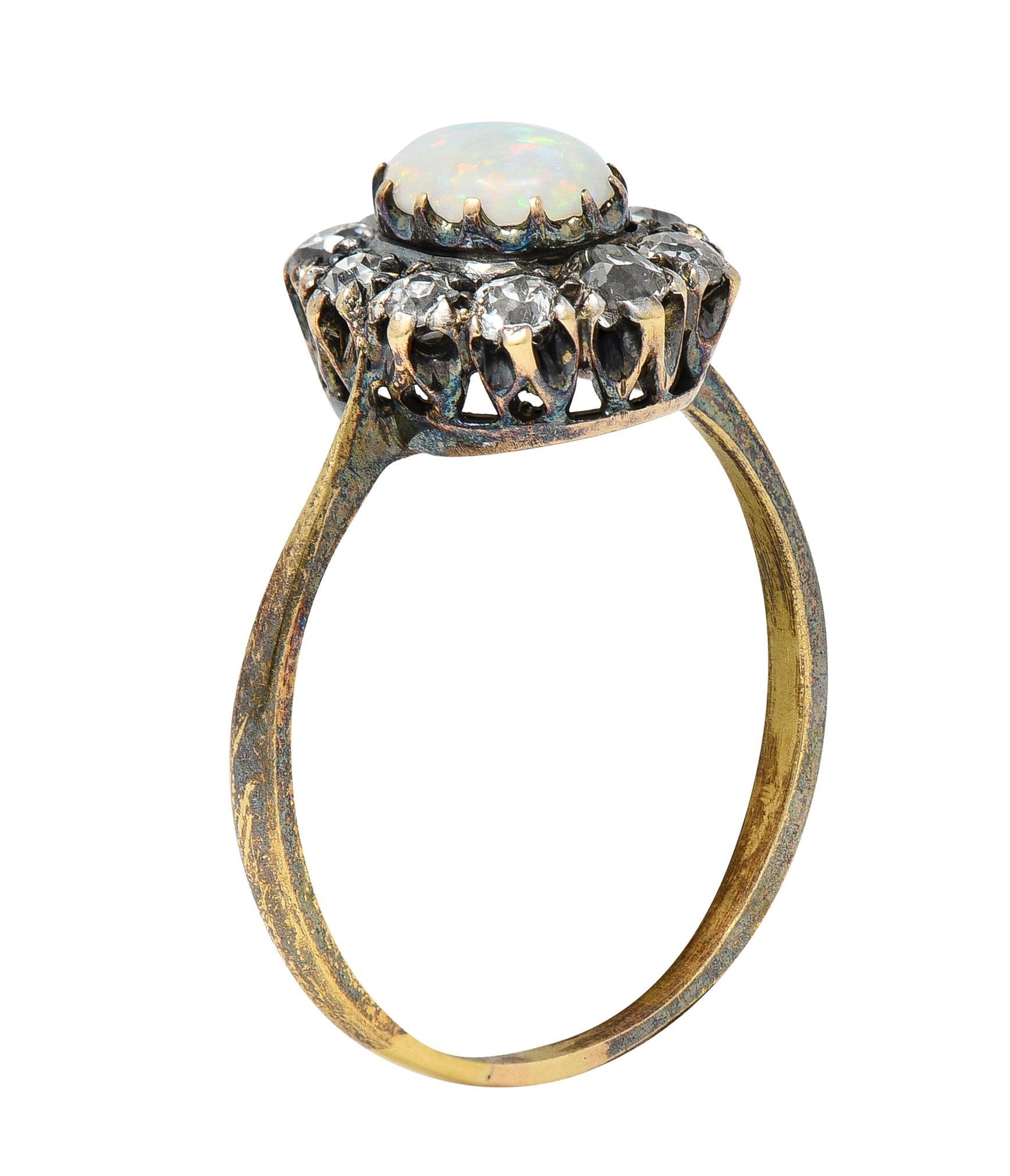 Victorian 0.52 CTW Opal Diamond Silver 14 Karat Gold Antique Halo Ring 3
