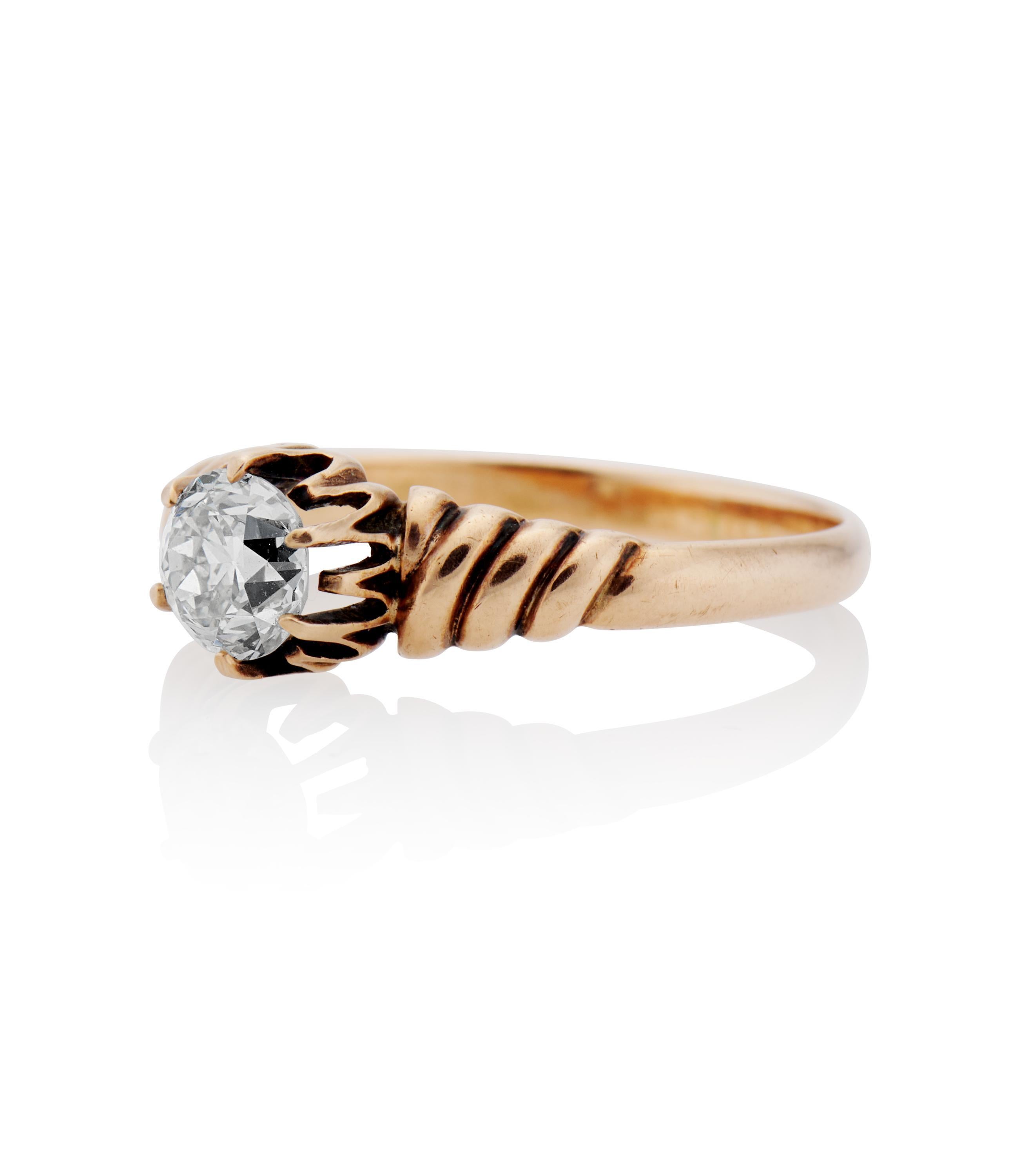 Description 
Antique Victorian engagement ring centered with a GIA Certified 0.54 carat Circular Brilliant Cut diamond within a carved 14k yellow gold setting. A unique style from the Victorian era with plenty of finger coverage.
SKU #R3710
GIA