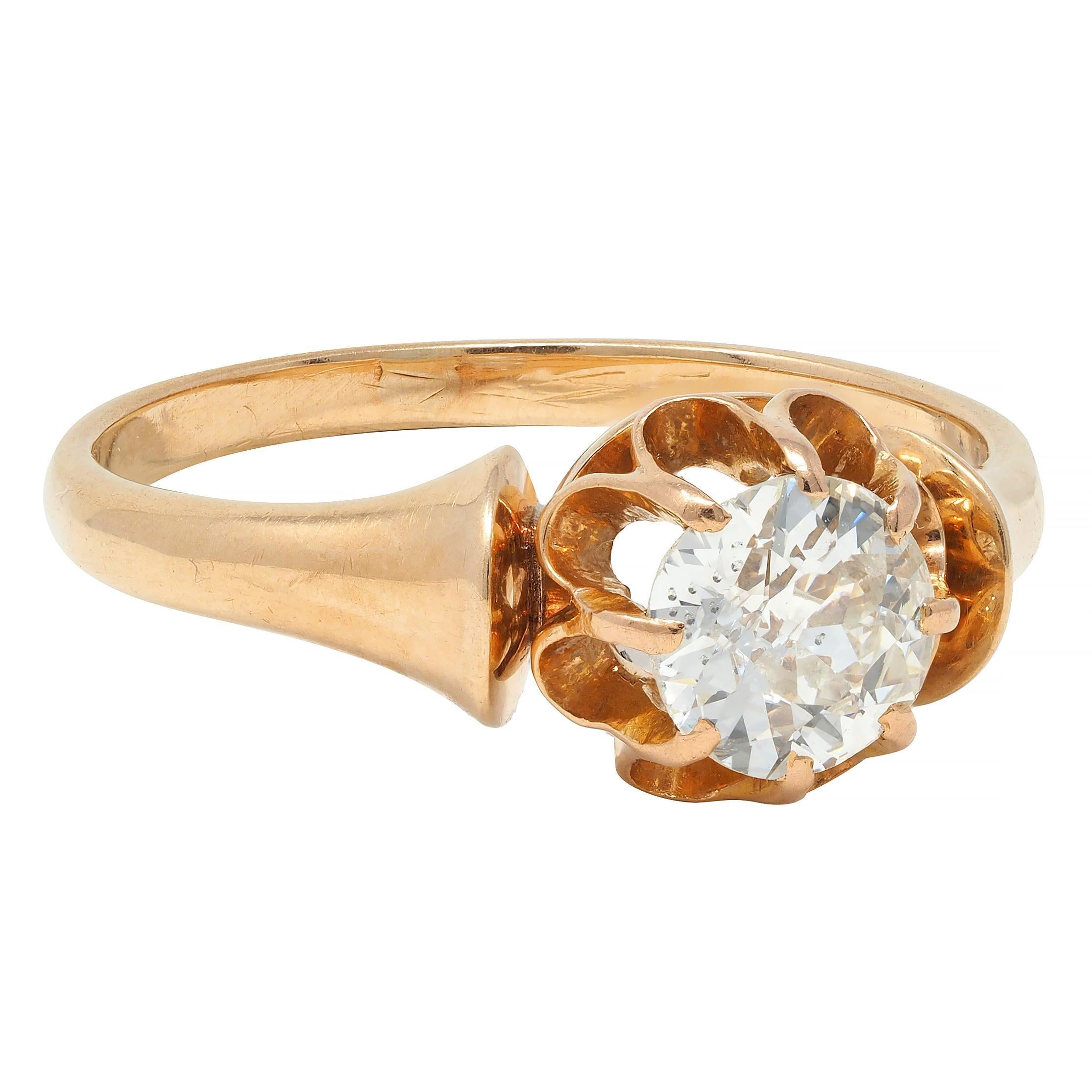 Centering an old European cut diamond weighing approximately 0.55 carat - K color with SI2 clarity
Set with belcher style prongs in a buttercup motif setting 
Flanked by flared arching shoulders
Tested as 14 karat gold
Circa: 1860s
Ring size: 6 1/2