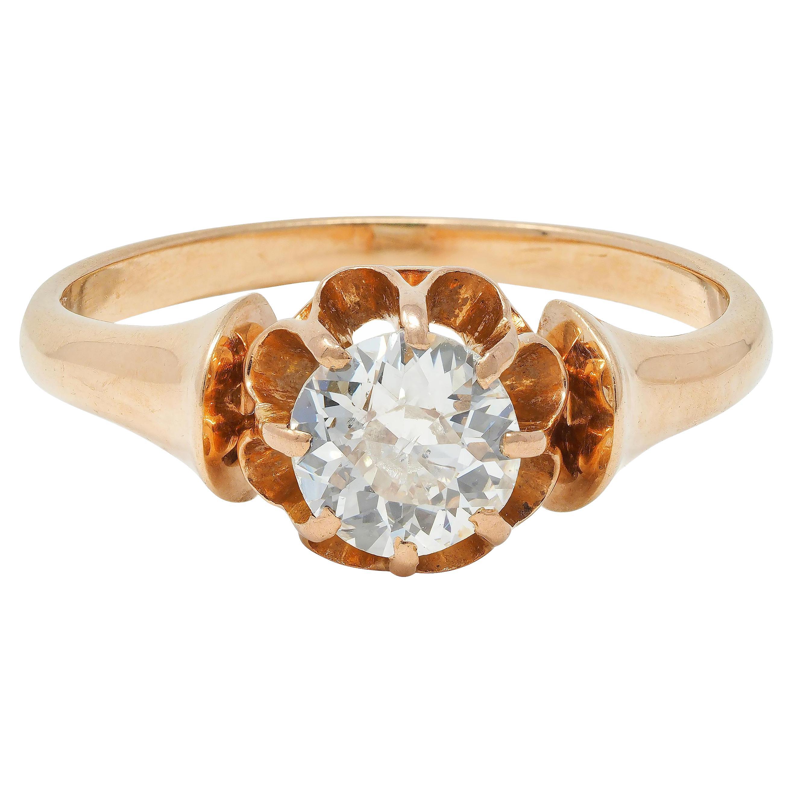 Victorian 0.55 CTW Old European Diamond 14 Karat Gold Belcher Engagement Ring For Sale