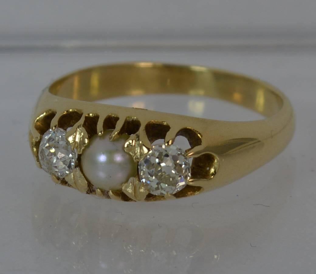 Victorian 0.60 Carat Old Cut Diamond Pearl 15 Carat Gold Trilogy Ring 5