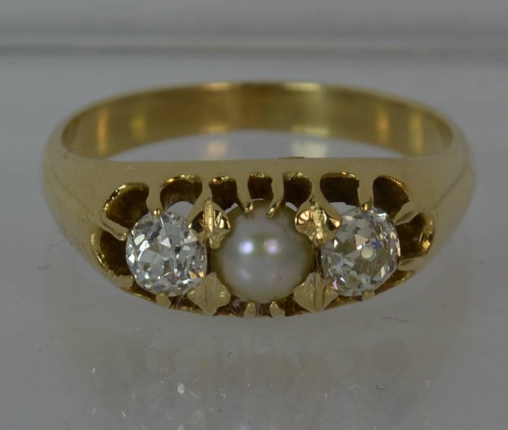 Victorian 0.60 Carat Old Cut Diamond Pearl 15 Carat Gold Trilogy Ring 6