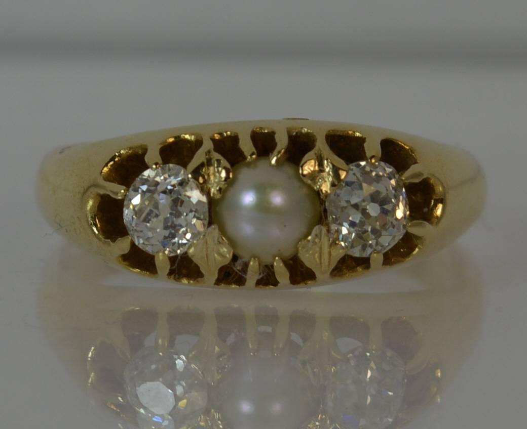 Victorian 0.60 Carat Old Cut Diamond Pearl 15 Carat Gold Trilogy Ring 7
