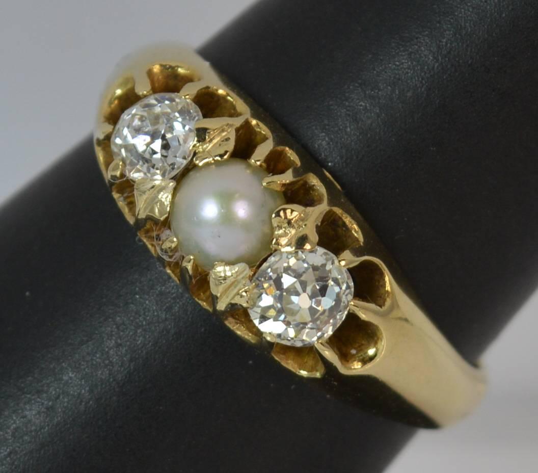 Victorian 0.60 Carat Old Cut Diamond Pearl 15 Carat Gold Trilogy Ring 8