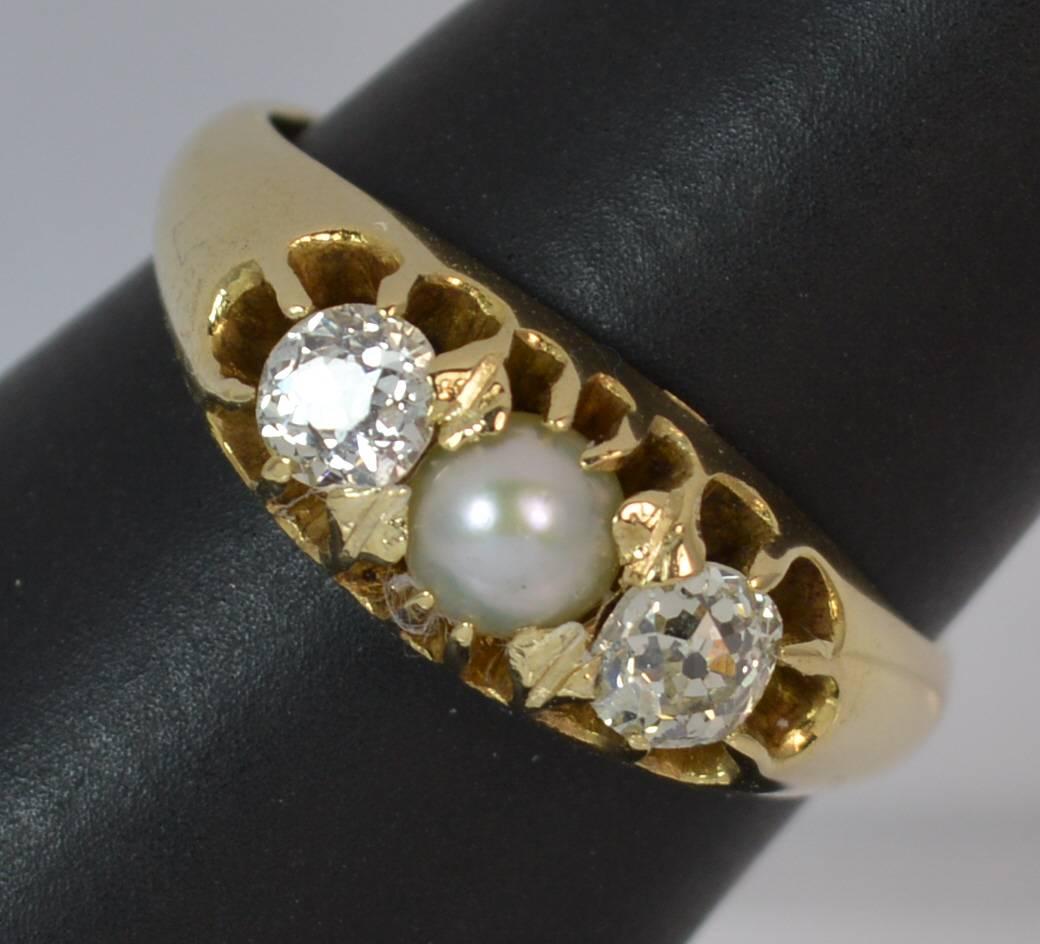 Victorian 0.60 Carat Old Cut Diamond Pearl 15 Carat Gold Trilogy Ring 9