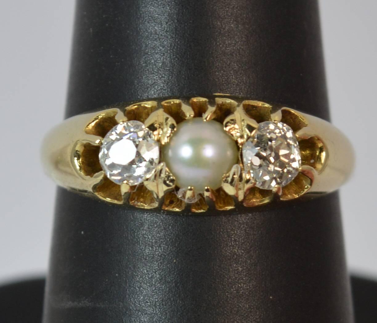 Victorian 0.60 Carat Old Cut Diamond Pearl 15 Carat Gold Trilogy Ring 10