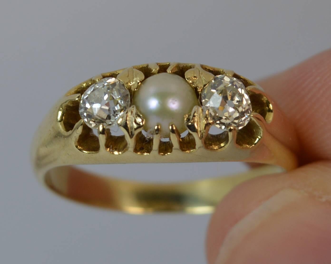 Old European Cut Victorian 0.60 Carat Old Cut Diamond Pearl 15 Carat Gold Trilogy Ring
